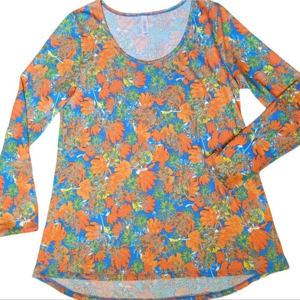 LULAROE VIBRANT LONG SLEEVE ORANGE FLORAL TOP - L